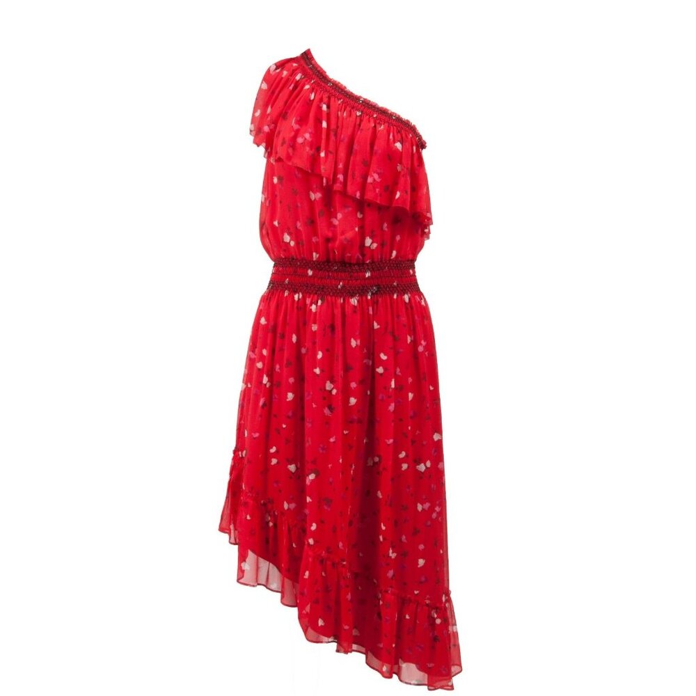 Joie One Shoulder Midi Dress Small Red Silk Asymmetrical Ruffled Knee Length